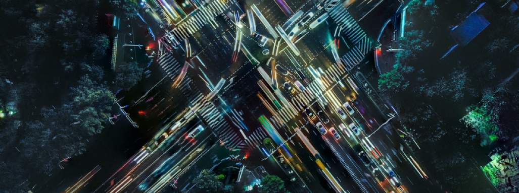 Drone view of a city at rush hour